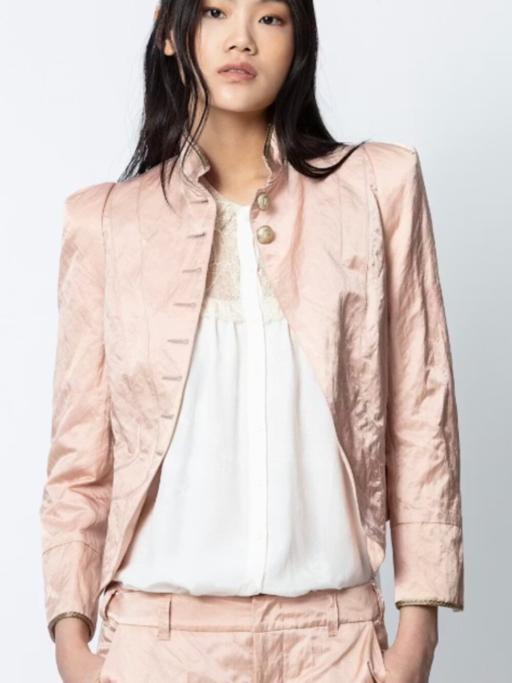 Zadig & Voltaire Lana Military Satin Jacket in Powder Pink/Golden Buttons 36